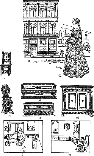 Стиль эпохи Возрождения (ренессанс): а - фрагмент палаццо Ручеллаи, б - одежда, в, г - дощатые стулья, д - касапанка, е - сундук, ж - шкаф, з - интерьер спальни, и - интерьер жилой комнаты