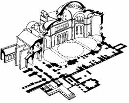 Архитектура Византии. Собор св. Софии в Константинополе. 537 г. Аксонометрический разрез.