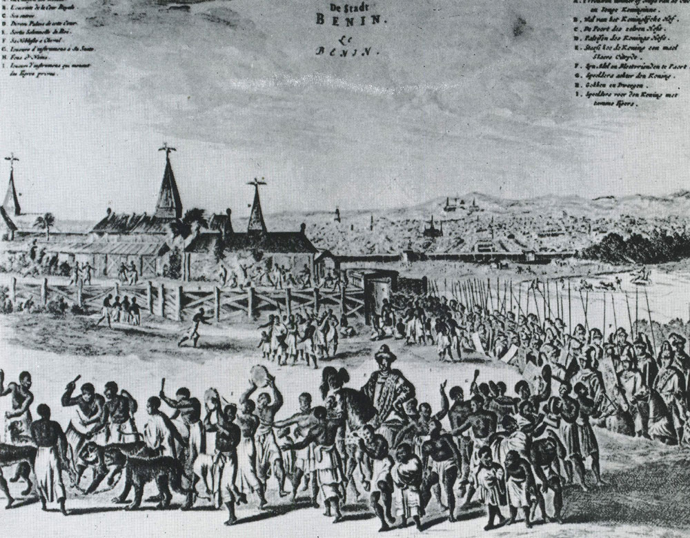 88 Столица государства Бенин: торжественный выезд обы Бенина в сопровождении воинов, рабов, леопардов. Рисунок XVII в.