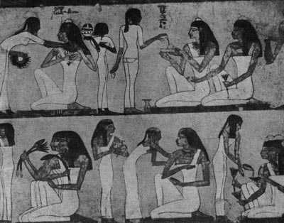 76а. Пир. Фрагмент росписи гробницы Рехмира в Фивах. XVIII династия. 15 в. до н. э.
