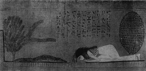 101а. Молитва у источника. Рисунок на папирусе певицы Амона Херубен. 10 в. до н.э. Каир. Музей.