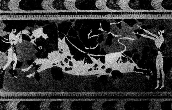 1036. Акробаты с быком. Фреска Кносского дворца (частично реставрирована). 16 в. ДО н.э.Гераклейон. Музей.