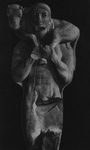 123.     Мосхофор (человек, несущий теленка) с Афинского акрополя. Мрамор. Около 570 г. до н.э.  Афины.   Музей Акрополя.