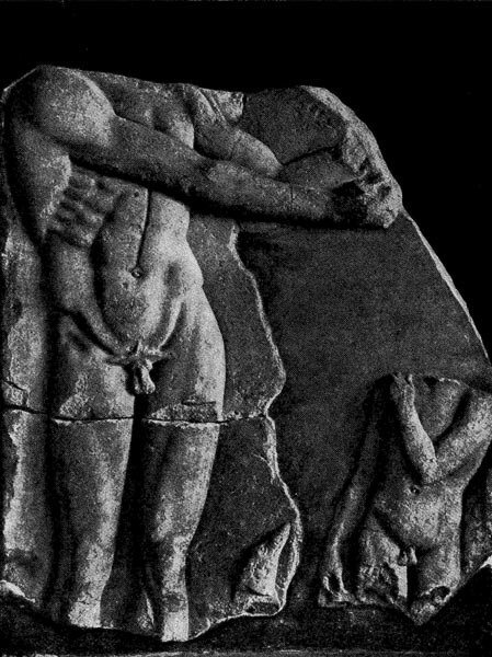 157.     Апоксиомен   и   мальчик.   Мраморный рельеф. Середина 5 в. до н. э. Делъфы. Музей.