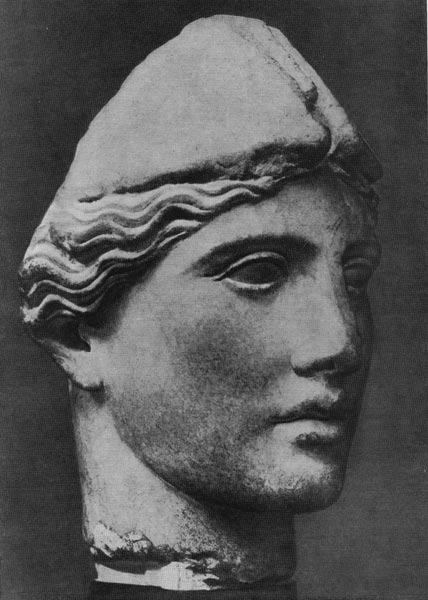158.     Круг   Мирона. Голова Афины. Мрамор. Середина 5 в. до н. э. Рим. Музей Баррокко.