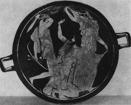 194а. Аполлон, убивающий гиганта Тития. Роспись килика. Около 470 г. до н. э.Мюнхен. Музей античного  прикладного искусства.