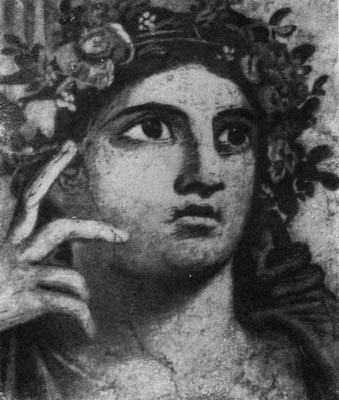 262а. Голова нимфы Аркадии. Фрагмент фрески «Нахождение Телефа» из так называемой базилики в Геркулануме. Около 70 г. н. э.