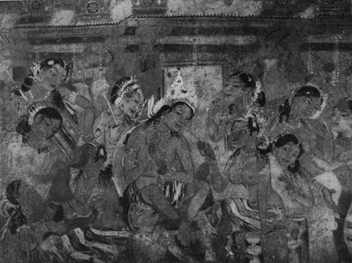 373а. Дворцовая сцена. Фрагмент росписи пещерного храма № 1 в Аджанте. 6 в. н. э.
