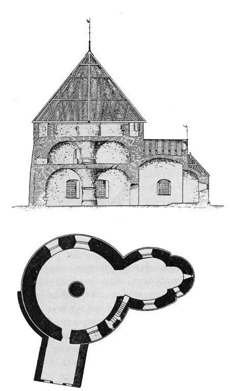 Церковь   св. Николая на острове Борнхольм. Продольный разрез и   план.