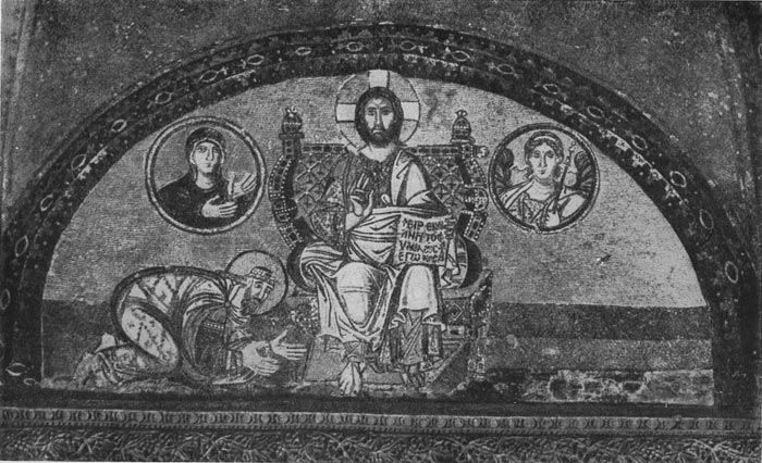 28 а. Император Лев VI перед Христом. Мозаика нарфика храма св. Софии в Константинополе. 886-912 гг.