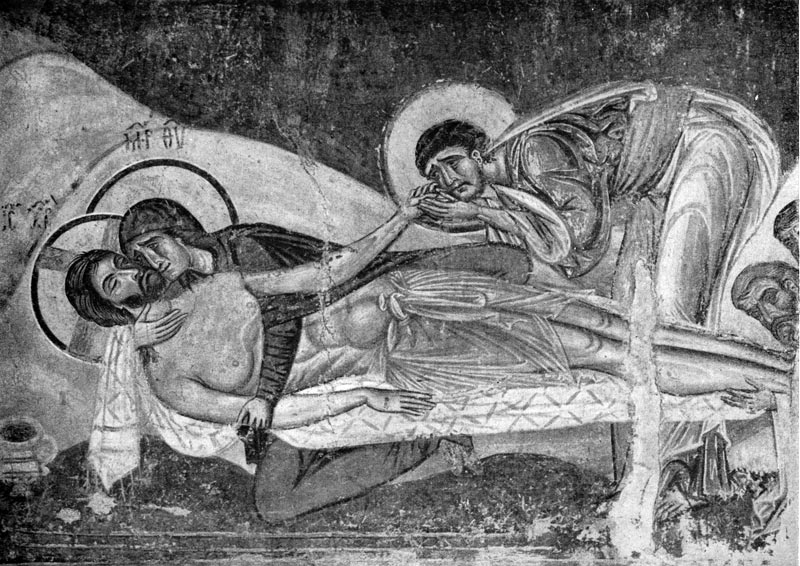 80.  Оплакивание    Христа.    Фреска    церкви св. Пантелеймона в Нерезе.  1164 г.