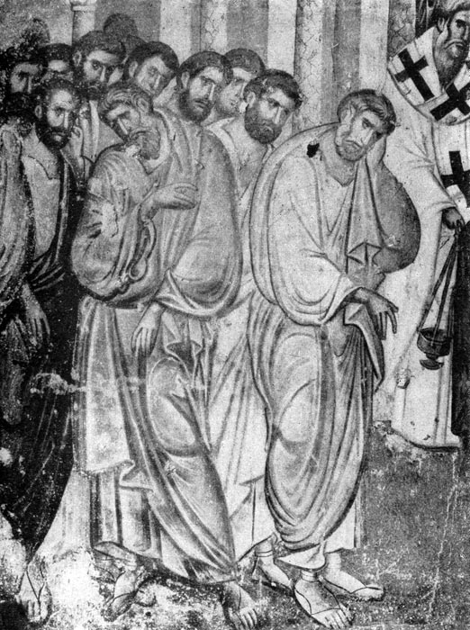 82 а. Апостолы. Фрагмент фрески «Успение Богоматери» церкви Троицы в Сопочанах. Конец 13 в.