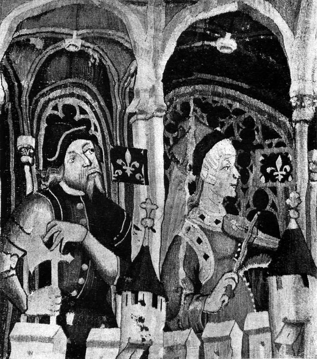 241 б. Шпалера из мастерской Никола Батай-ля с изображением девяти героев и героинь. Фрагмент. Около 1385 г. Нью-Йорк, Метрополитен-музей.