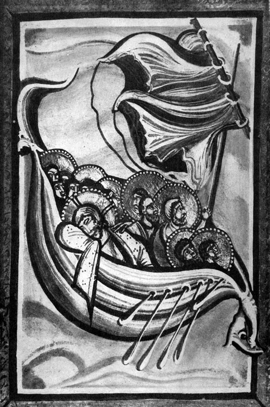 250.  Буря   на   Генисаретском   озере.   Миниатюра Кодекса аббатисы Гитды фон Мешеде. Около 1030 г. Дармгитадт, библиотека.