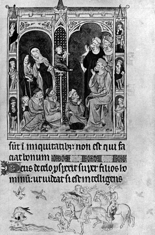317.  Христос    среди    учителей.    Миниатюра Псалтыри королевы Марии. 1320 г. Лондон, Британский музей.