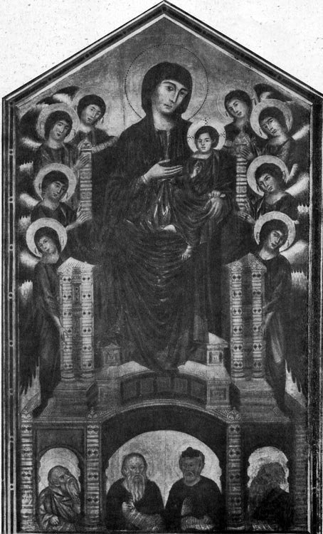 364.  Ч и м а б у э. Мадонна на троне с младенцем и святыми. Конец 14 в. Флоренция, Уффици.