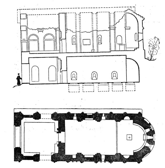 Церковь-усыпальница Бачковского монастыря. Продольный разрез и план.
