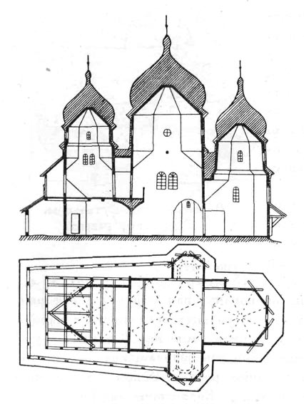 Церковь св. Юра в Дрогобыче.Продольный разрез и план.