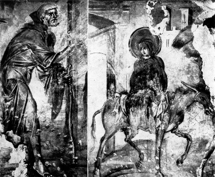  18.     .   '  ' . VI-VII .(Joseph et Marie montee sur un ane. Fragments de 'Voyage en Bethleem' de Castelseprio. Fresque. VI-Vile s.s.) 