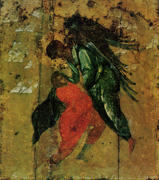  78.    .   ' '    . XV .('La Lutte de Jacob et de 1'ange'. Icdne de Farchange Michel de la cathedrale de FArchange du Kremlin de Moscou, XVe s. ) 