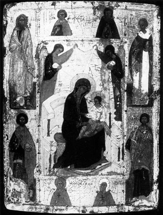  108.     .   XV . ,  .(La Vierge a 1'Enfant sur le trone. Icdne de 1'ecole de Novgorod. XVe s. Galerie Tretiakov. Moscou.) 