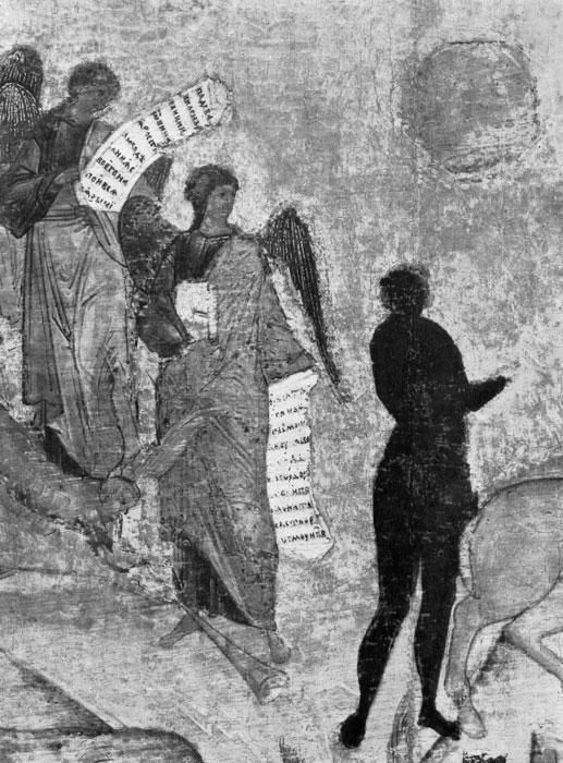 135.  . ,     .   ''.  XV . ,  .(Maitre du Kremlin. Anges annoncant la fin de Babylone et 1'Enfer. Fragment de 1'icdne de 1'Apocalypse. Fin du XVe s. Cathedrale de I'Assomption de Moscou.) 