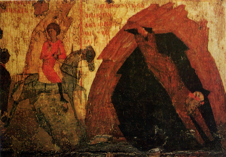  139.  .         .  XIV . ,  .(La mort de Sviatopolk. Fragment de Ficone de Boris et Gleb provenant de Kolomna. Debut du XlVe s. Galerie Tretiakov, Moscou.) 