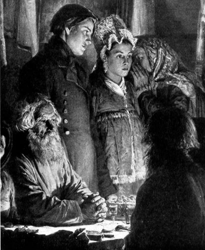  64. . .     . . 1875. ,  .(V. Maximov. 'Arrivee du sorcier a une noce de village'. Fragment. 1875. Galerie Tretiakov. Moscou.) 