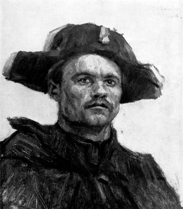  78. . . .    '   '. 1897-1898.  .(V. Sourikov. Soldat. Etude pour le tableau 'Passage des Alpes par Souvorov'. 1897-1898. Musee russe.) 